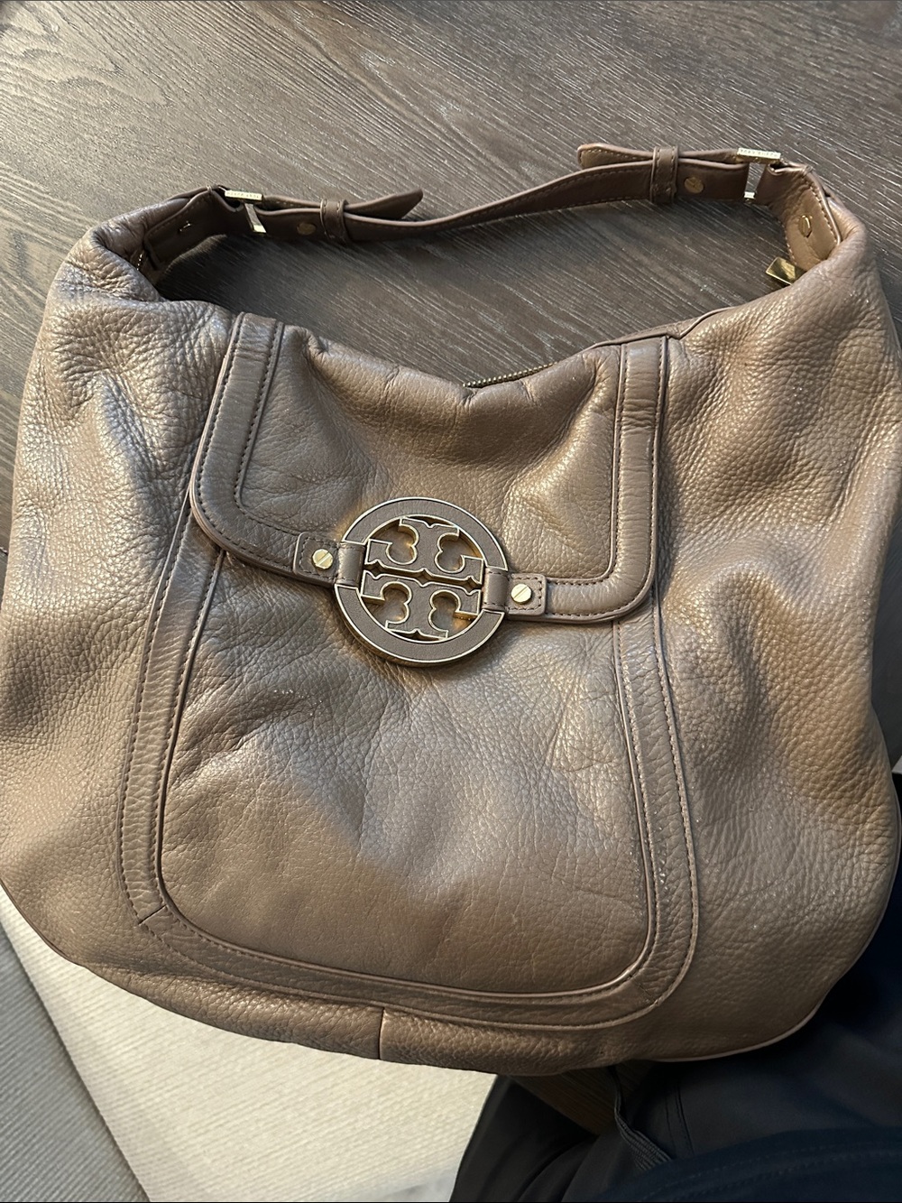 Tory Burch Taupe Pebbled Leather Logo Hobo